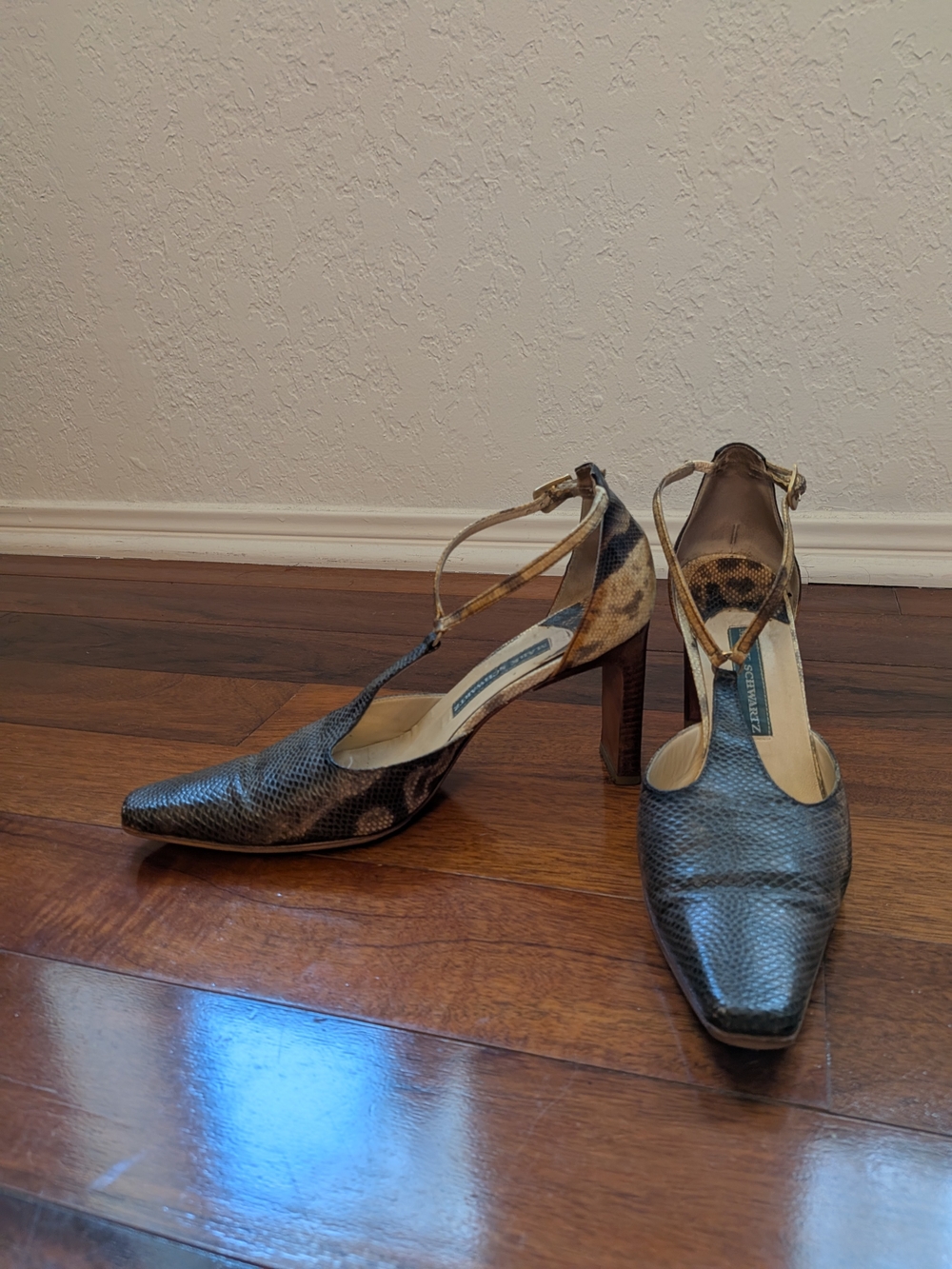Leopard-Accent T-Strap Heels in Black and Tan
